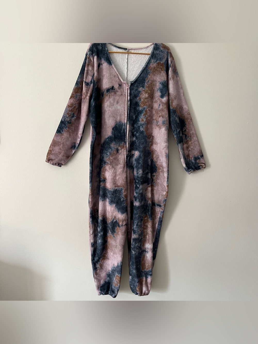 NATURAL LIFE Plush Cozy Mauve Blue Brown Tie Dye One Piece Zip Up Pajamas XL